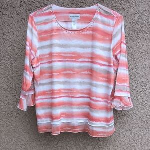 Alfred Dunner Peach Watercolor ¾Sleeve Blouse w Chiffon Edging SzXL EUC